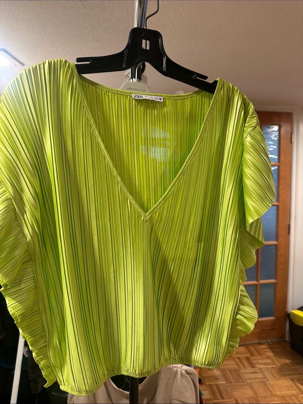 Zara Neon Lime Pleated V-Neck Blouse